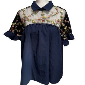 Shein‎ Navy Blue Floral Embroidered Sheer Top Tie Back Blouse